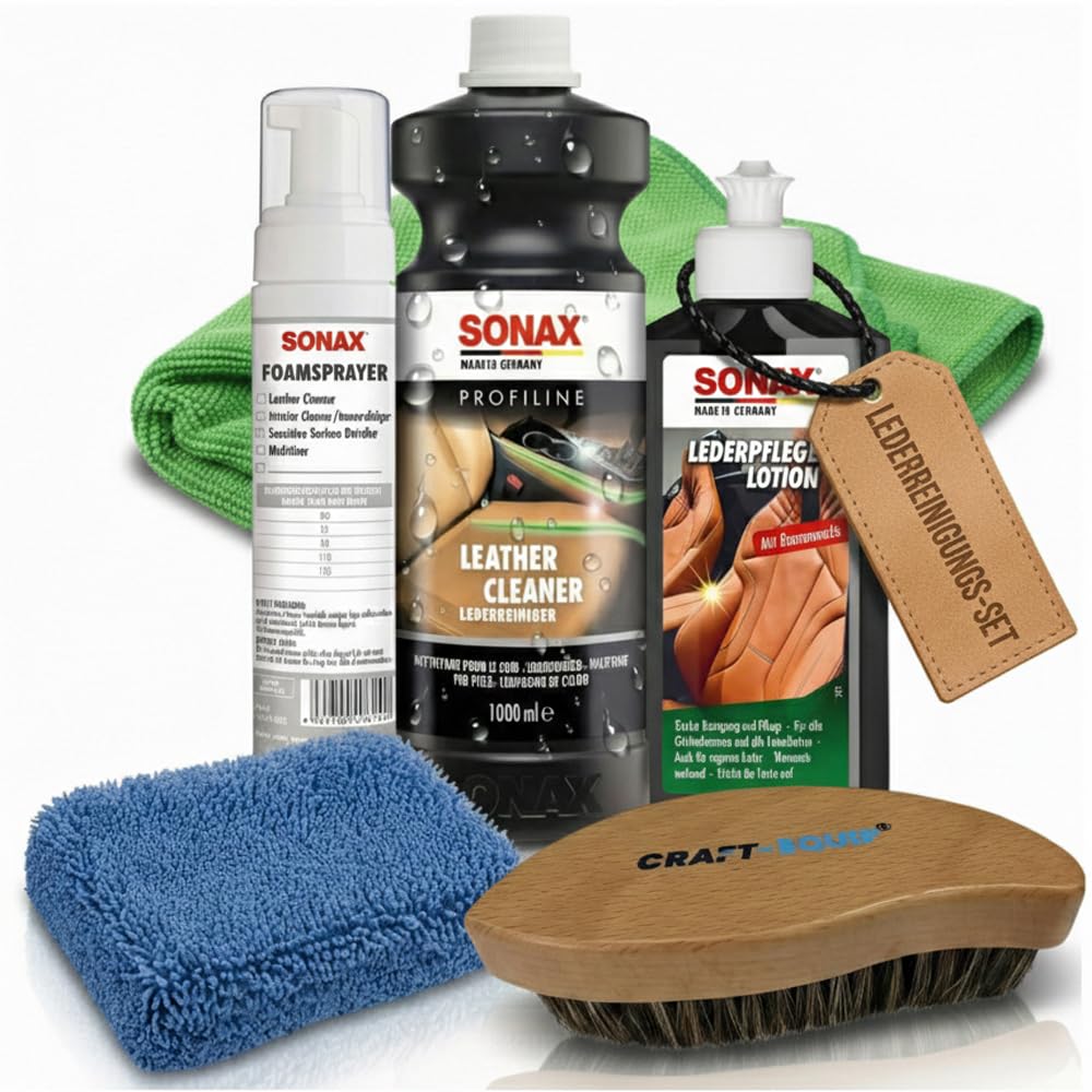 Leder-Reinigungs-Set bestehend aus dem SONAX 1000ml Profiline Leather Cleaner + SONAX 250ml LederPflegeLotion + SONAX Foamsprayer + Zubehör (Microfasertuch, Lederbürste, Applikator)