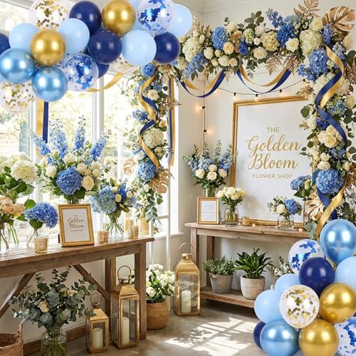 Image of RUBFAC Navy Blue Gold Balloon, Party Balloons Pastel Blue Metallic Confetti for Birthday Wedding Bridal Baby Shower Graduation Party Supplies, 65pcs 12 Inches