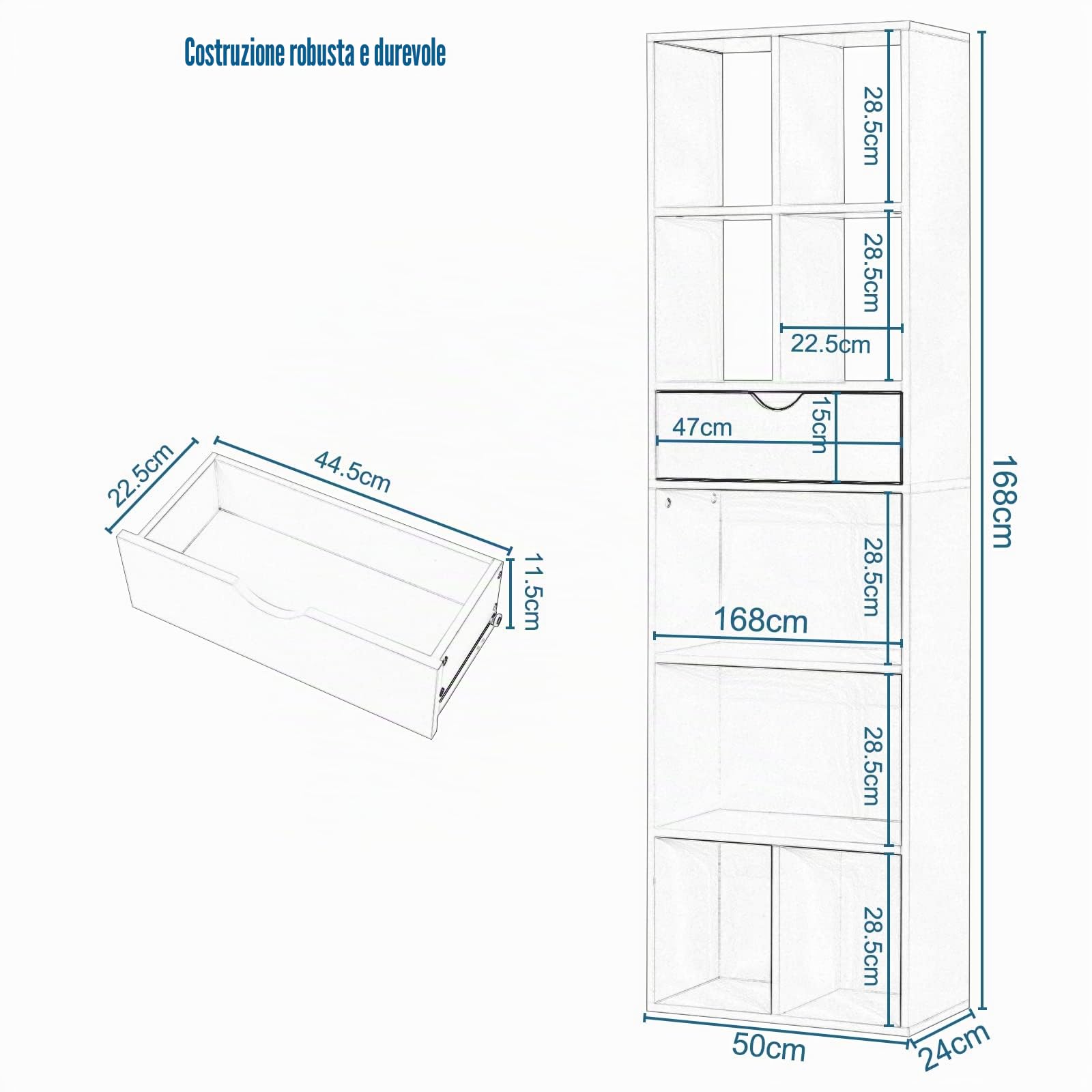 EUGAD Libreria Bianca, Scaffale Soggiorno con 8 Vani Portaoggetti, Mobile in Legno Salvaspazio con Cassetto, Portalibri da Terra Moderno per Camera da Letto, Ufficio, 50x24x168 cm
