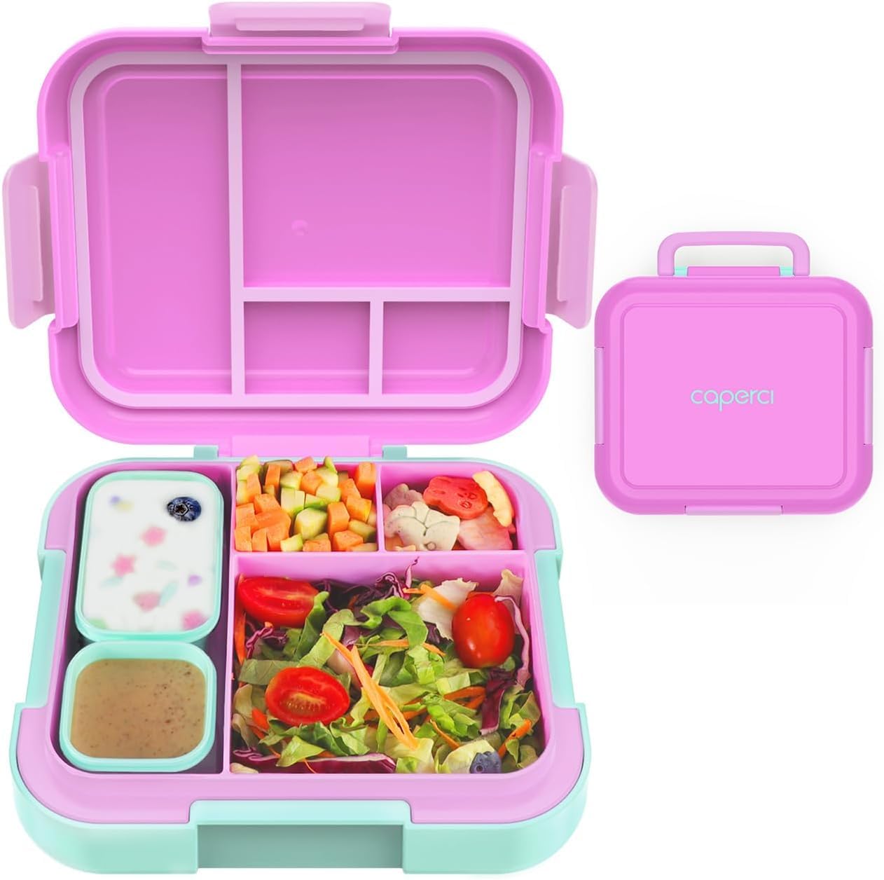 CAPERCI Bento Lunch Box for Kids, Large 4.8 Cup 4-Compartment Leak-Proof Lunch Container with Portable Handle and 2 Sauce Boxes, Microwave/Dishwasher Safe (Orchid/Light Cyan)