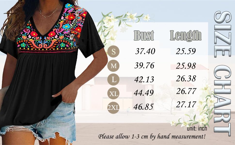 Melliflo Womens Short Sleeve Mexican Shirts Pleated Front Floral Embroidered Tee Shirt Loose Peasant Tunic Tops - Image 6