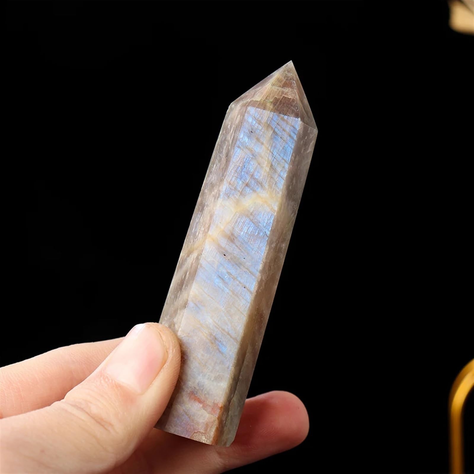 LLBOGRGGN Stones Dark Blue Moonstone Crystal Point Wand Gemstones Ore Obelisk Hexagonal Column Ornament Ornaments