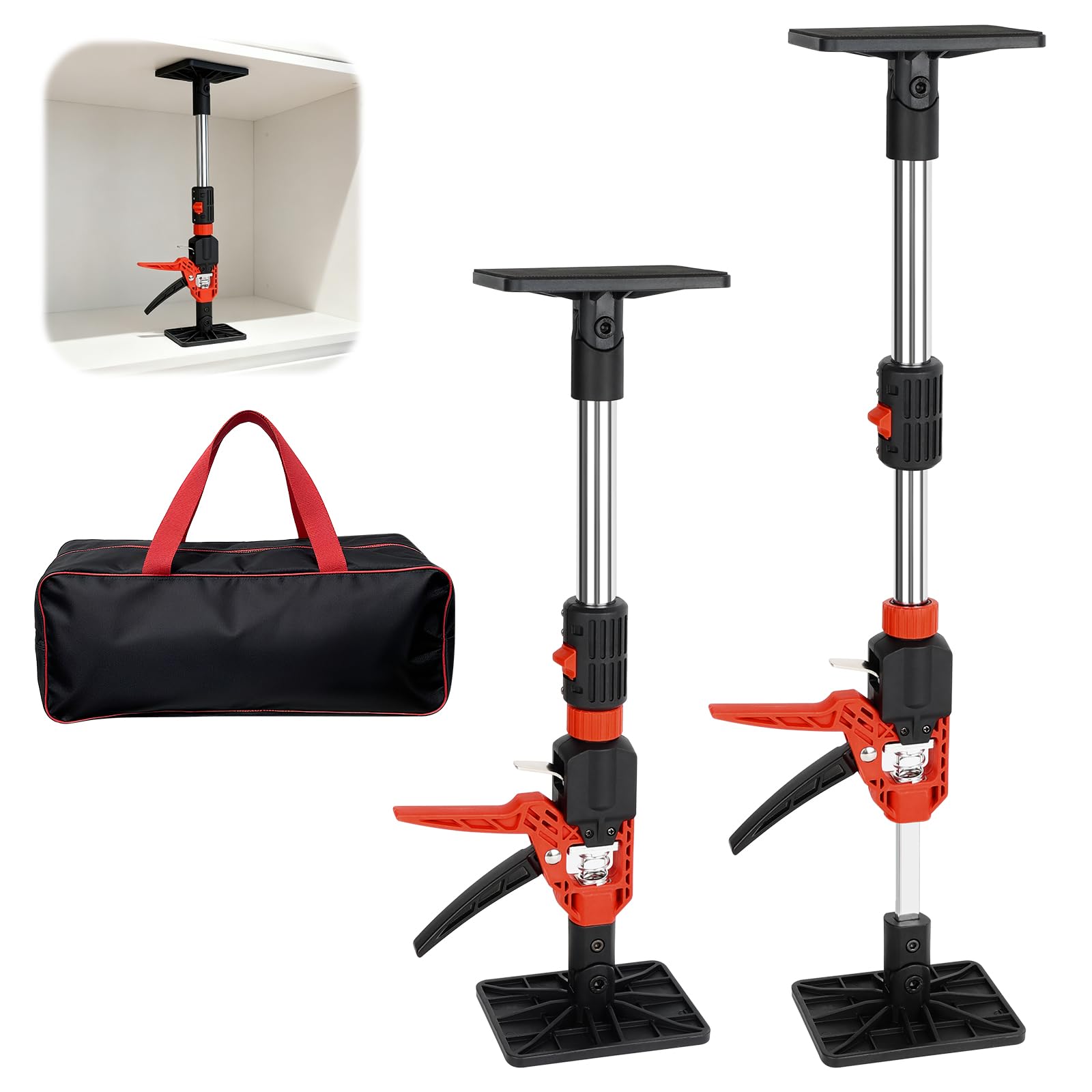 Étai Télescopique Réglable, 2 Pièces Crics de Levage, Léve Plaque Placo, Hauteur 50-93 cm, Réglage d'Angle à 30°, Léve Meuble pour Armoires, Plafonds, Ppanneaux Muraux, Charge Max. 150 kg