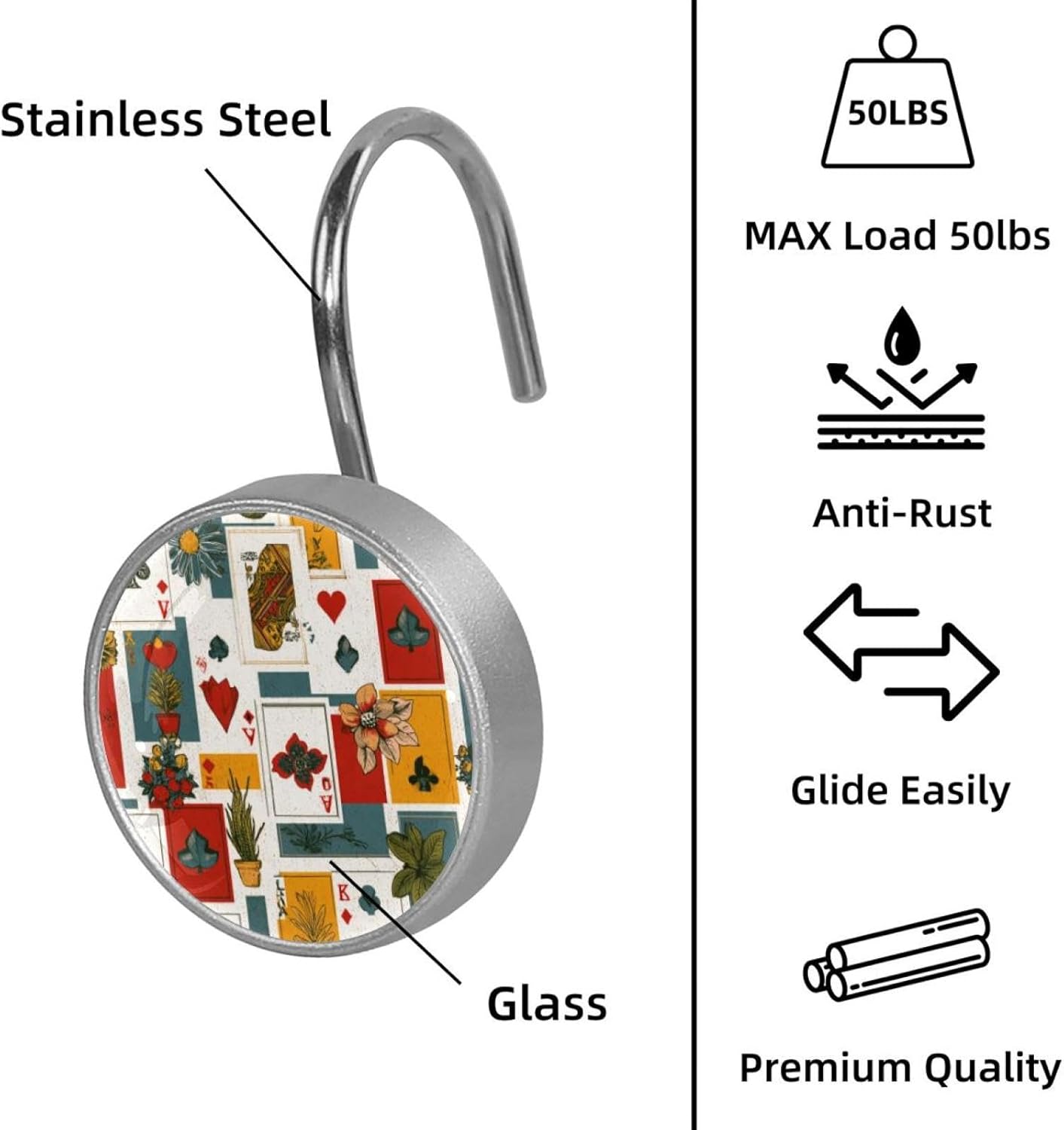 12PCS Poker Aesthetic Vintage Pattern (2) Shower Curtain Hooks Rings for Bathroom, Decorative Shower Curtain Hooks Rods Curtains and Liner