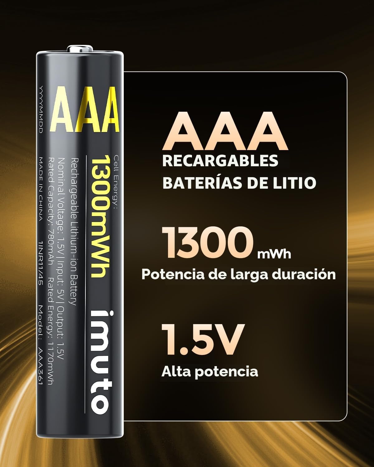 imuto Pilas Recargables AAA 1,5 V 1300mWh Batería de Litio Alta Capacidad más de 2500 ciclos con Carga rápida Negra Cargador de Pantalla LED