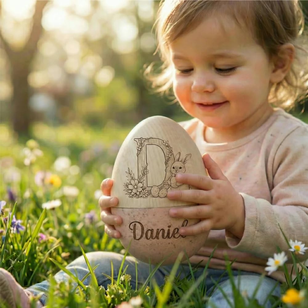 Personalized Bunny Floral Wooden Easter Egg with Name and Initial, Reusable Large Hollow Speckled Easter Keepsake, Basket Filler, Easter Gift for Kids — view 4