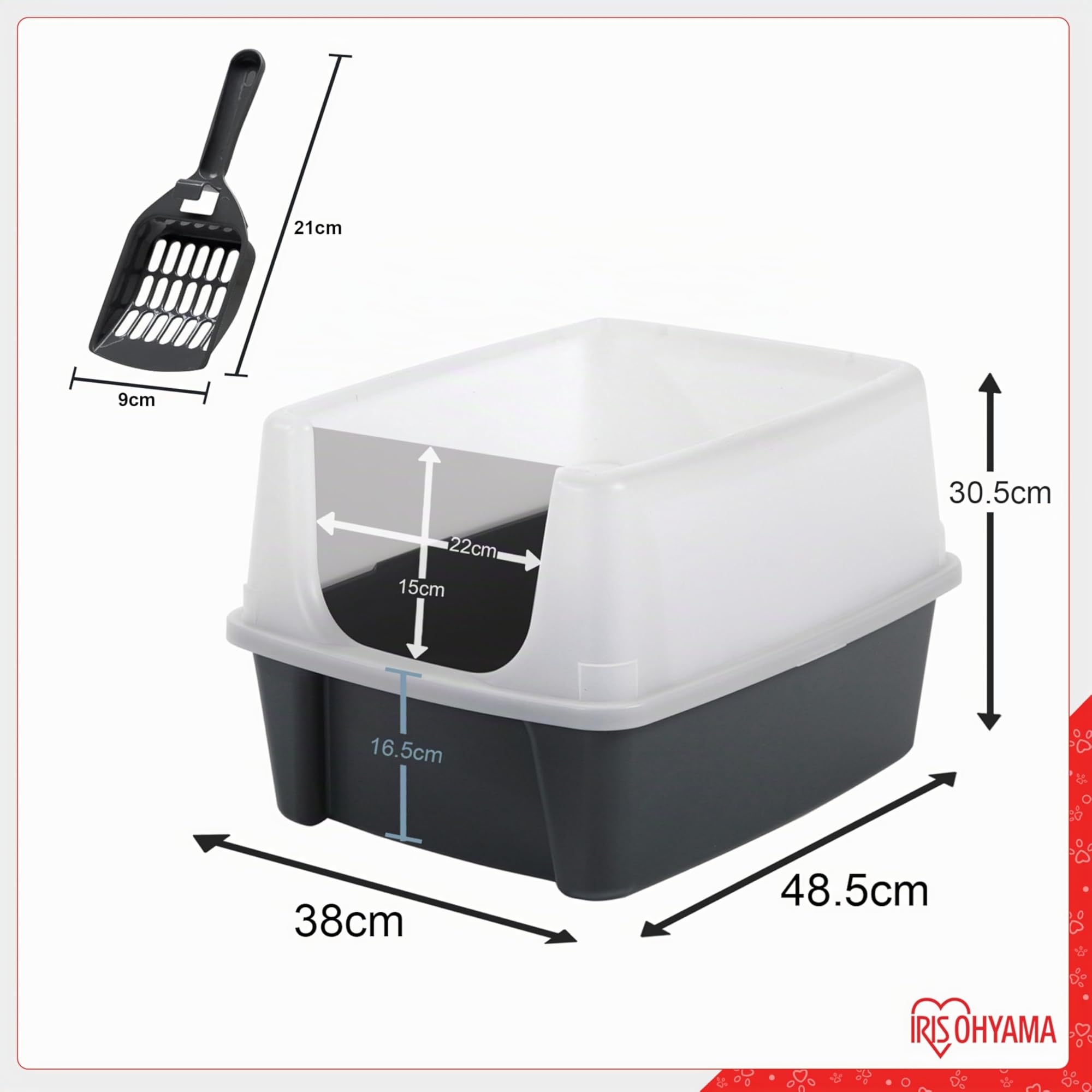 Iris Ohyama Arenero Gato con Pala, hasta 7kg, Gris, Caixa de areia para Gatos, Caja, para Gatos Grandes y pequeños, Cagadero, Caixa, WC, Fácil Limpieza, Libre de BPA, Cat Litter Box, CLH-12