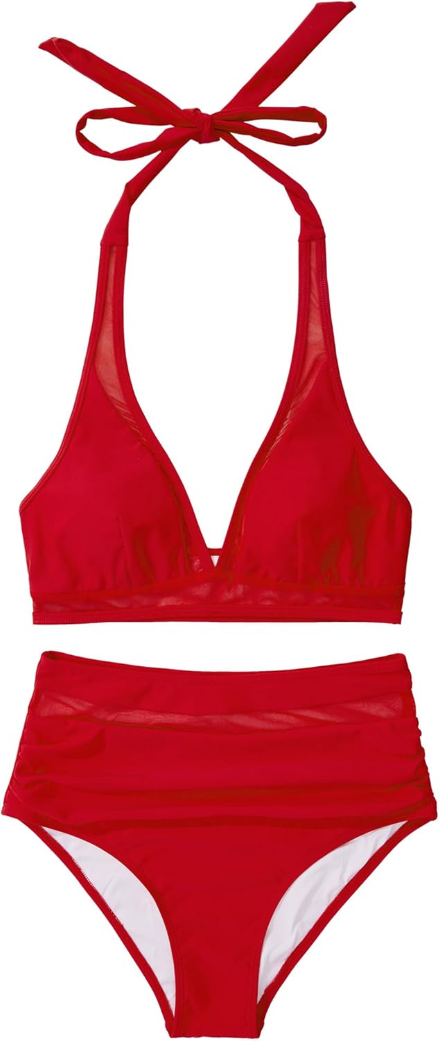 OMKAGI Women Mesh High Waisted Bikini Set Sexy V Neck Tummy Control Swimsuit Bathing Suit - Image 5