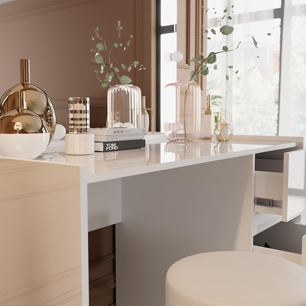 Vicco Schminktisch Marla, Weiß Hochglanz, 120 cm | mit Spiegel, Hocker, LED-Lichterkette, Große Tischfläche für Make-up, Schmuck und Styling-Utensilien
