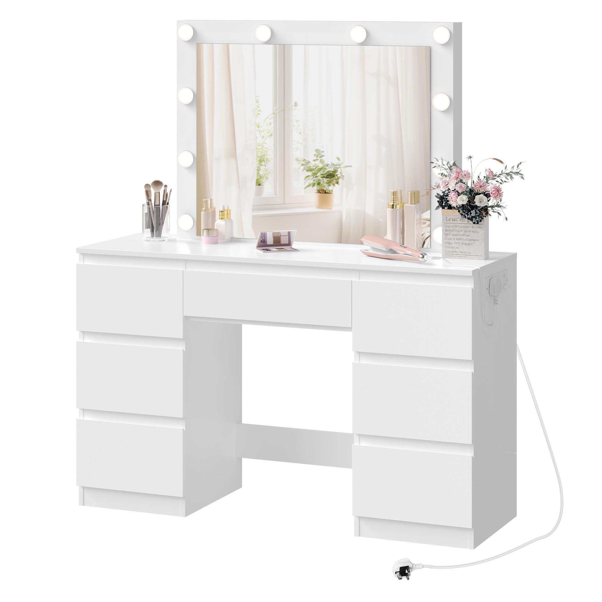 WOLTU Dressing Table with Lights and Socket Strip, Vanity Desk with Large LED Mirror and 7 Drawers, Makeup Desk 110x39.5x140cm, White Modern Bedroom Dresser, MB6124ws