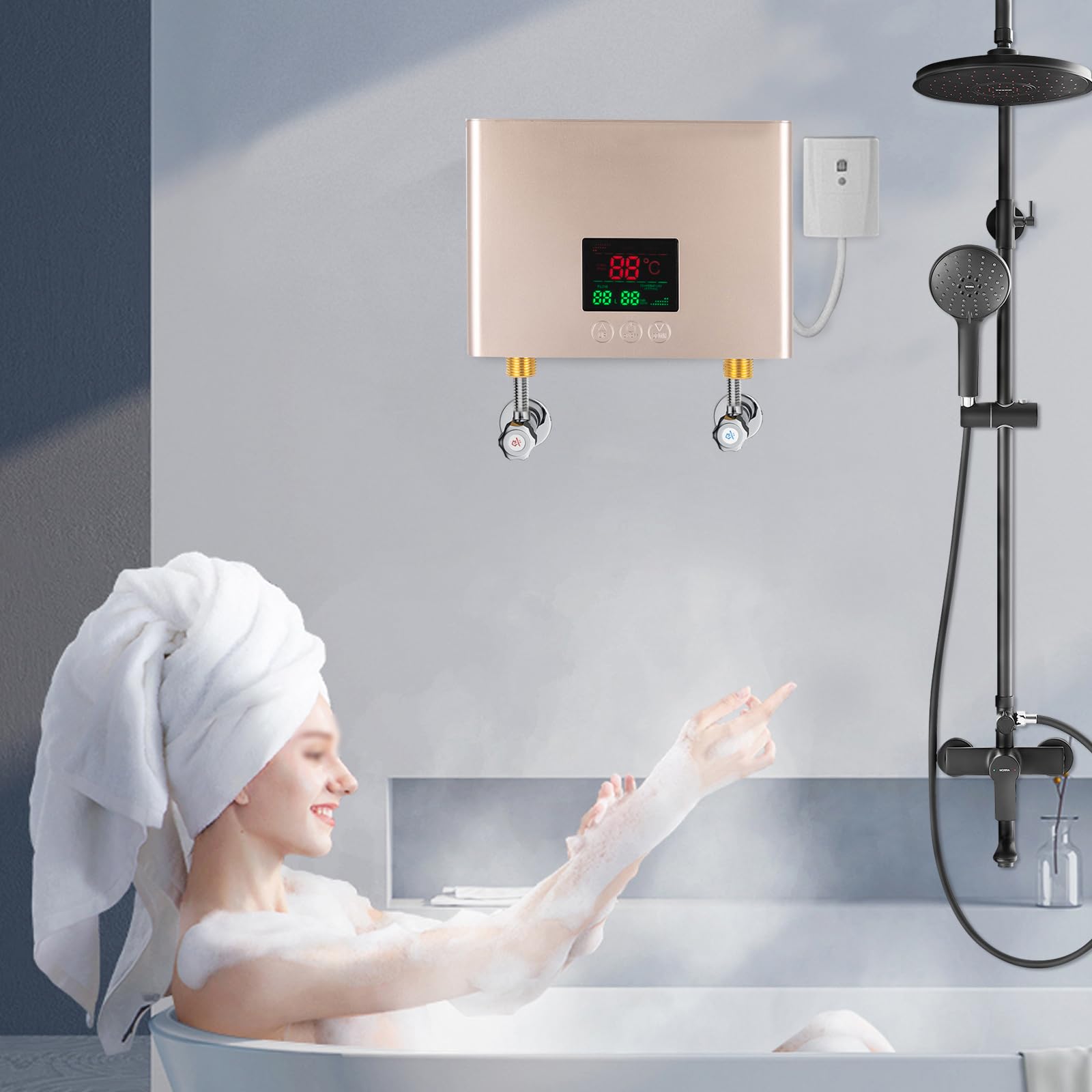 Mini scaldacqua istantaneo, 3000 W, scaldabagno elettrico con termostato, 30-55 °C, senza serbatoio, con telecomando, AC 220 V