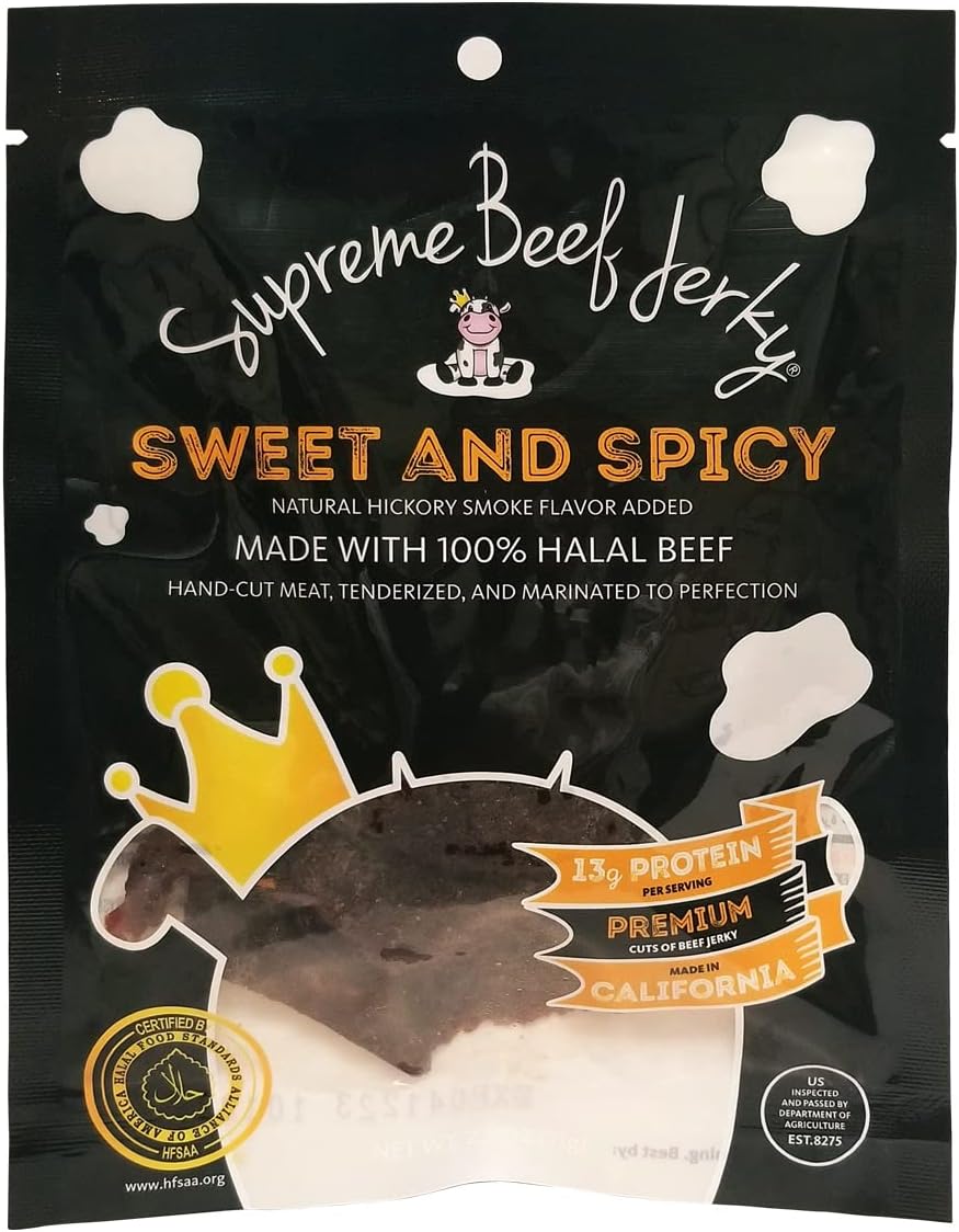Supreme Beef Jerky, Halal Beef Jerky, Zabiha Halal Certified Jerky, Handcrafted Gourmet Meat Snacks, 2.5 oz (Sweet & Spicy) Brown