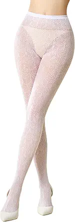 MANZI Women's Hollow Out Knitted Patterned Tights White Lace Fishnet Stockings Vertical Strips Pantyhose with High Waist
