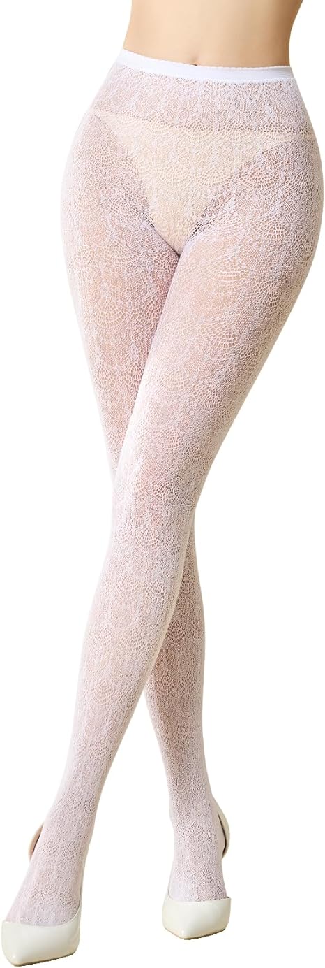 MANZI Women's Hollow Out Knitted Patterned Tights White Lace Fishnet Stockings Vertical Strips Pantyhose with High Waist