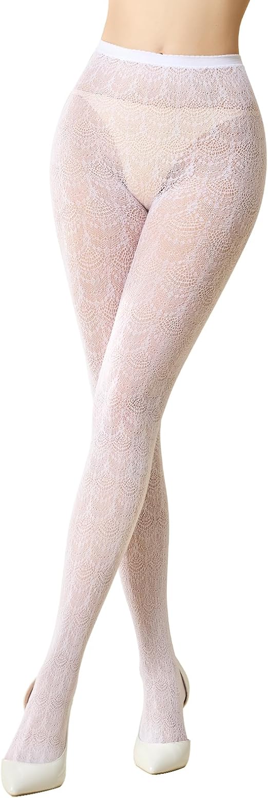 MANZI Women's Hollow Out Knitted Patterned Tights White Lace Fishnet Stockings Vertical Strips Pantyhose with High Waist