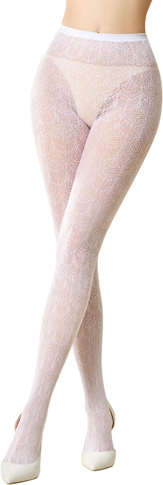 MANZI Women's Hollow Out Knitted Patterned Tights White Lace Fishnet Stockings Vertical Strips Pantyhose with High Waist