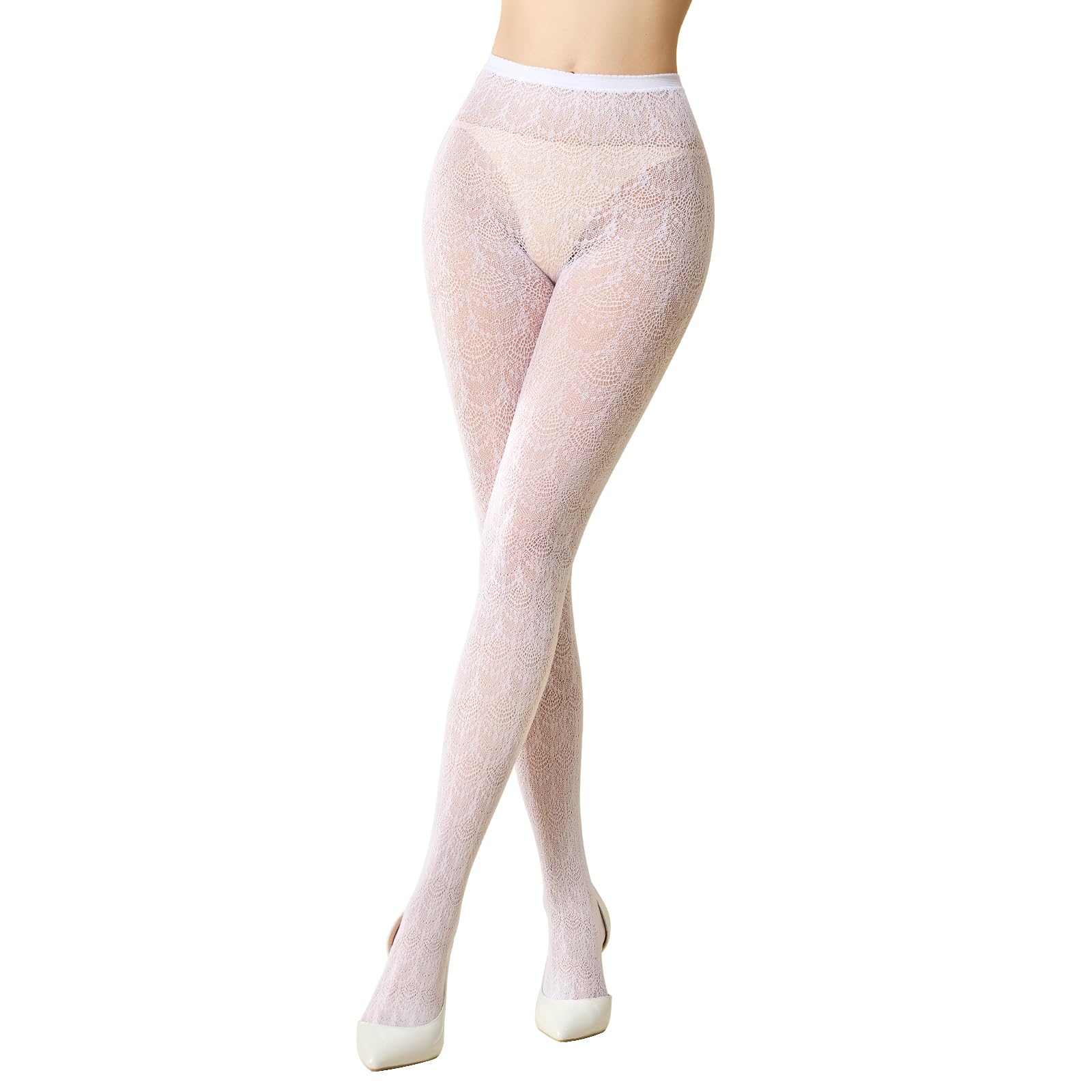 Manzi Women's White-3 White Patterned Tights Knitted Lace Hollow Vintage Floral Fishnet Stocking Tights For Fan