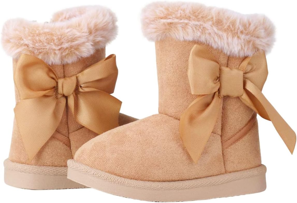 QIETION Toddler & Little Kid Suede Bow Winter Boots – Faux-Fur Lined Warm Snow Booties with Inside Side-Zipper, Non-Slip TPR Sole, Girls & Boys Cold-Weather Shoes