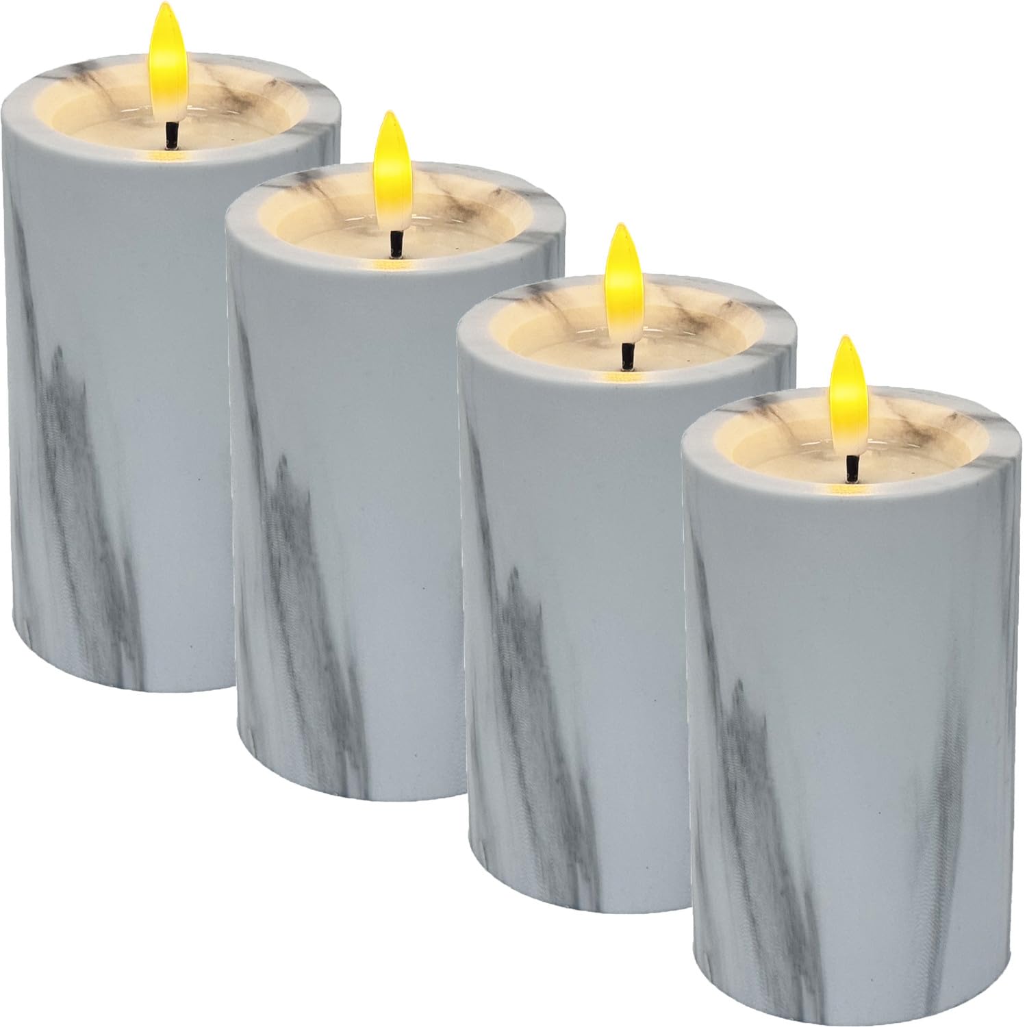 Marrakech Juego de 4 velas LED en mármol, decoración de mármol, 7,5 cm y 12 cm de alto, velas LED parpadeantes para exteriores, funciona con pilas, con función de temporizador para corona de Adviento,