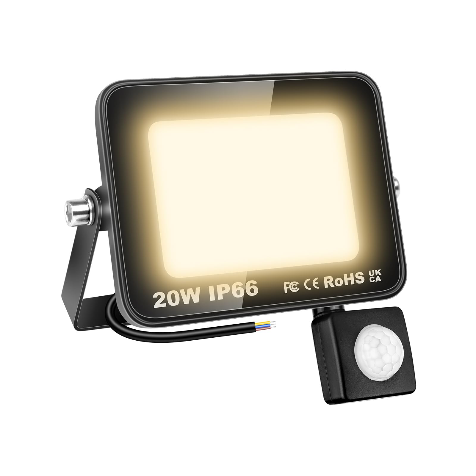 RIGIDON Reflektor LED z czujnikiem ruchu, 20 W, 2000 lm, reflektor zewnętrzny z czujnikiem ruchu, 3000 K, ciepła biel, wodoszczelny, lampa zewnętrzna, lampa zewnętrzna do ogrodu, garażu, podwórka, na