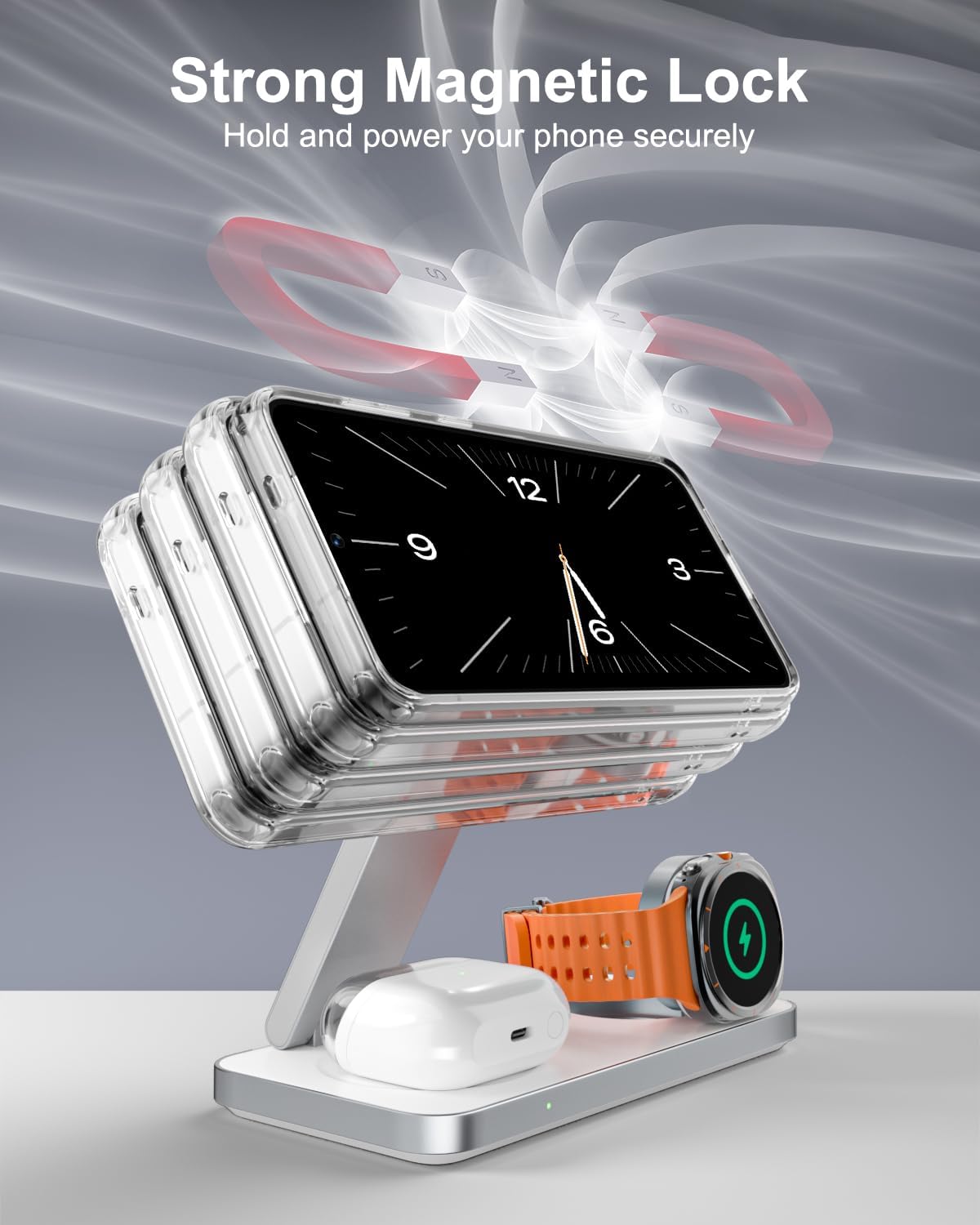 3-in-1 Charging Station for Samsung, Magnetic Fast Wireless Charger Stand Compatible with MagSafe for Galaxy S26/S25/S24/S23/Z Fold/Flip Series, Galaxy Watch Ultra/8/7/6/5, Galaxy Buds Pro/4//3/2