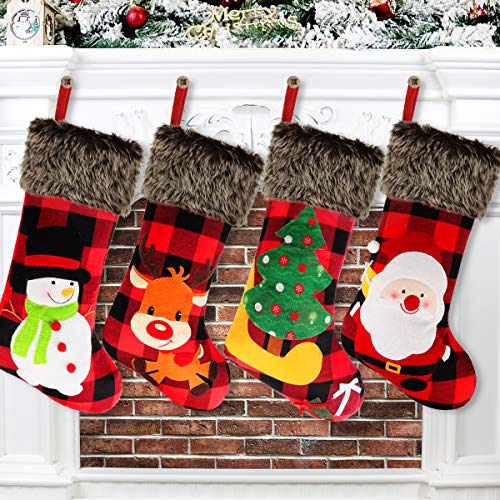 Hamsoo Christmas Stockings 4 Pack, 18" Plaid Xmas Stockings, Burlap Plaid Style with Santa Snowman Reindeer and Christmas Tree, Plush Faux Fur Cuff Stockings for Fireplace Hanging Xmas Home Decor