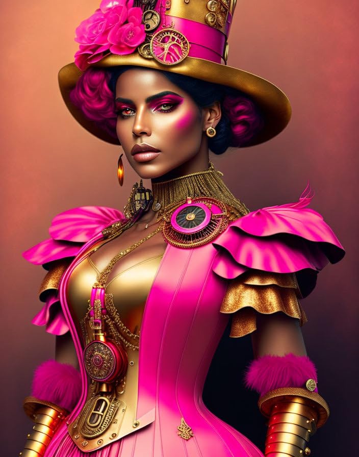 Poster toile femme rose rouge or steampunk pour décoration salon chic