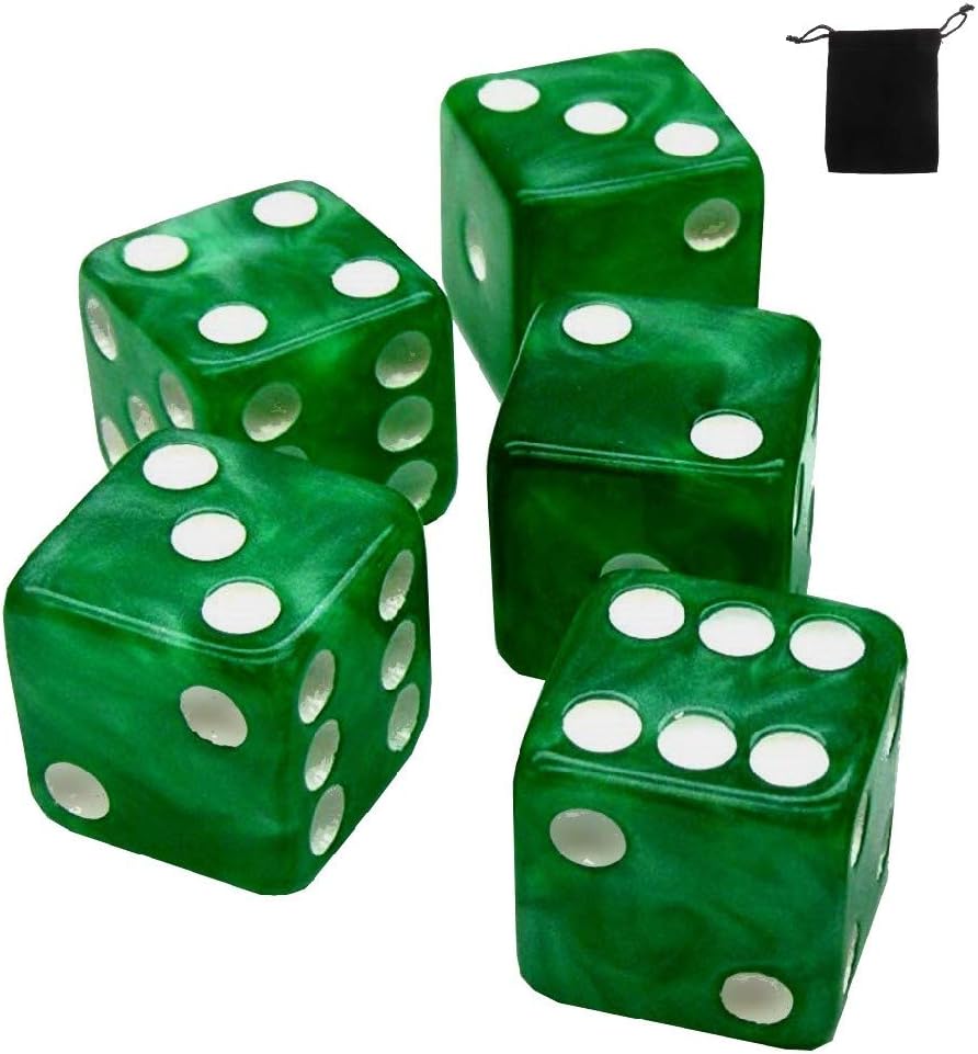 Cyber-Deals Set of (5) 16mm Dice Marbleized Standard Square Cornered with Black Velvet Cloth Pouch Bag (Green)