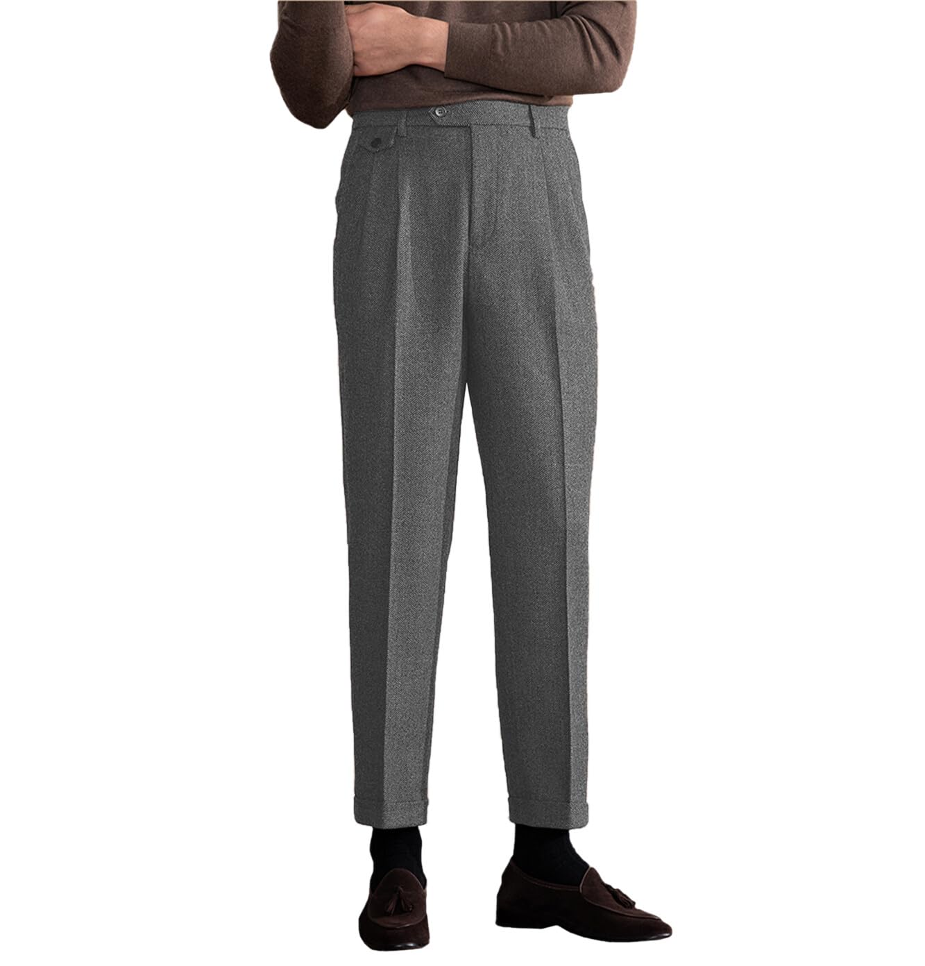 Men's Suit Tweed Pants Vintage Trousers Herringbone Tweed Blend Pleat-Front Dress Suit Pants