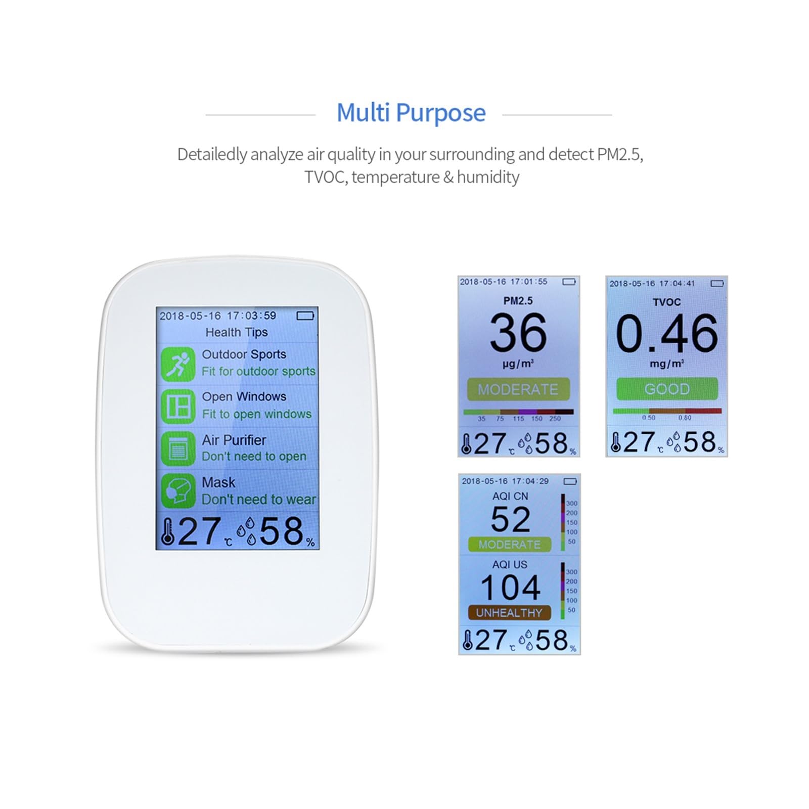 Monitor de calidad del aire Detector de calidad del aire Digital interior/exterior PM2.5 Monitor de gas TVOC Tester Analizadores de aire Batería de larga duración