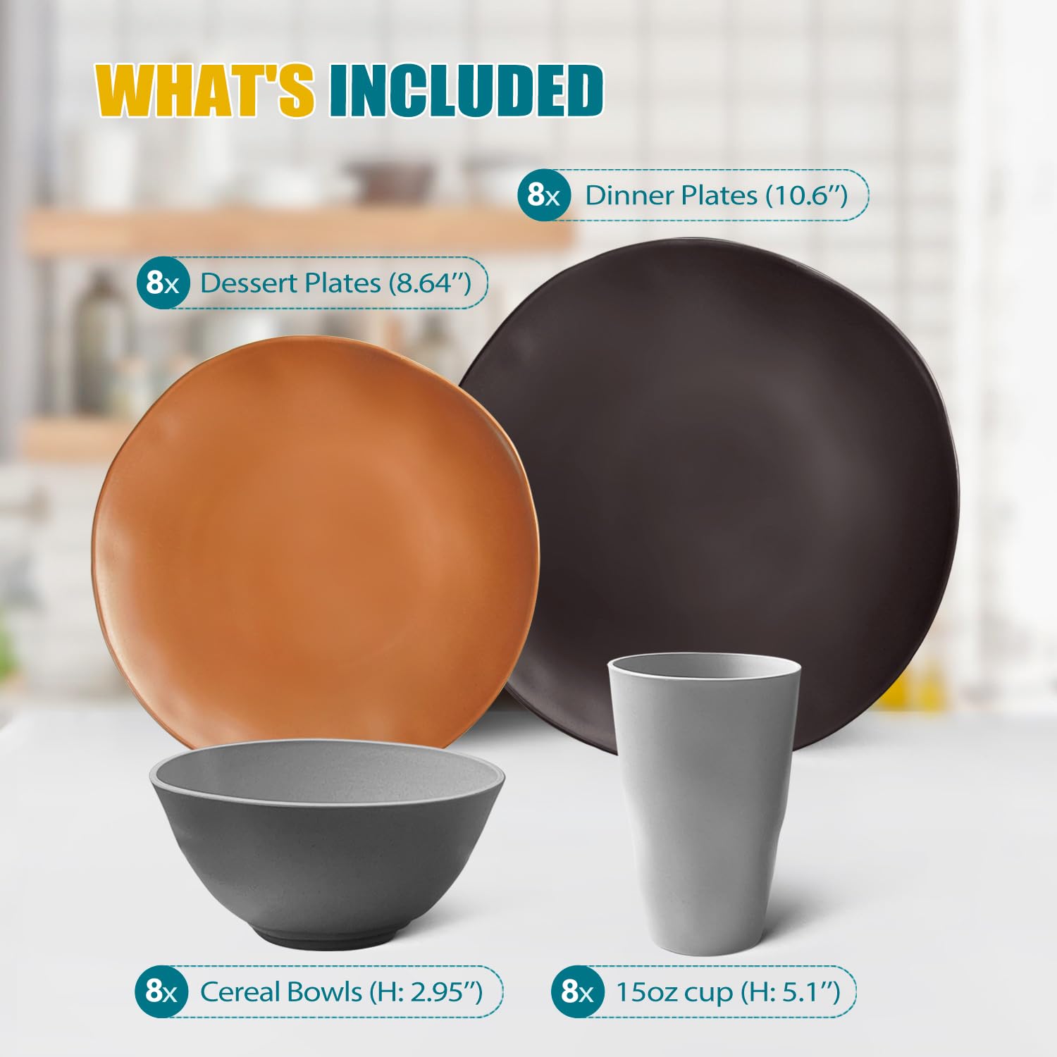 Peurif 32-Piece Thick Irregular Plastic Wheat Straw Dinnerware Set, Durable, Microwave & Dishwasher Safe, Neutral