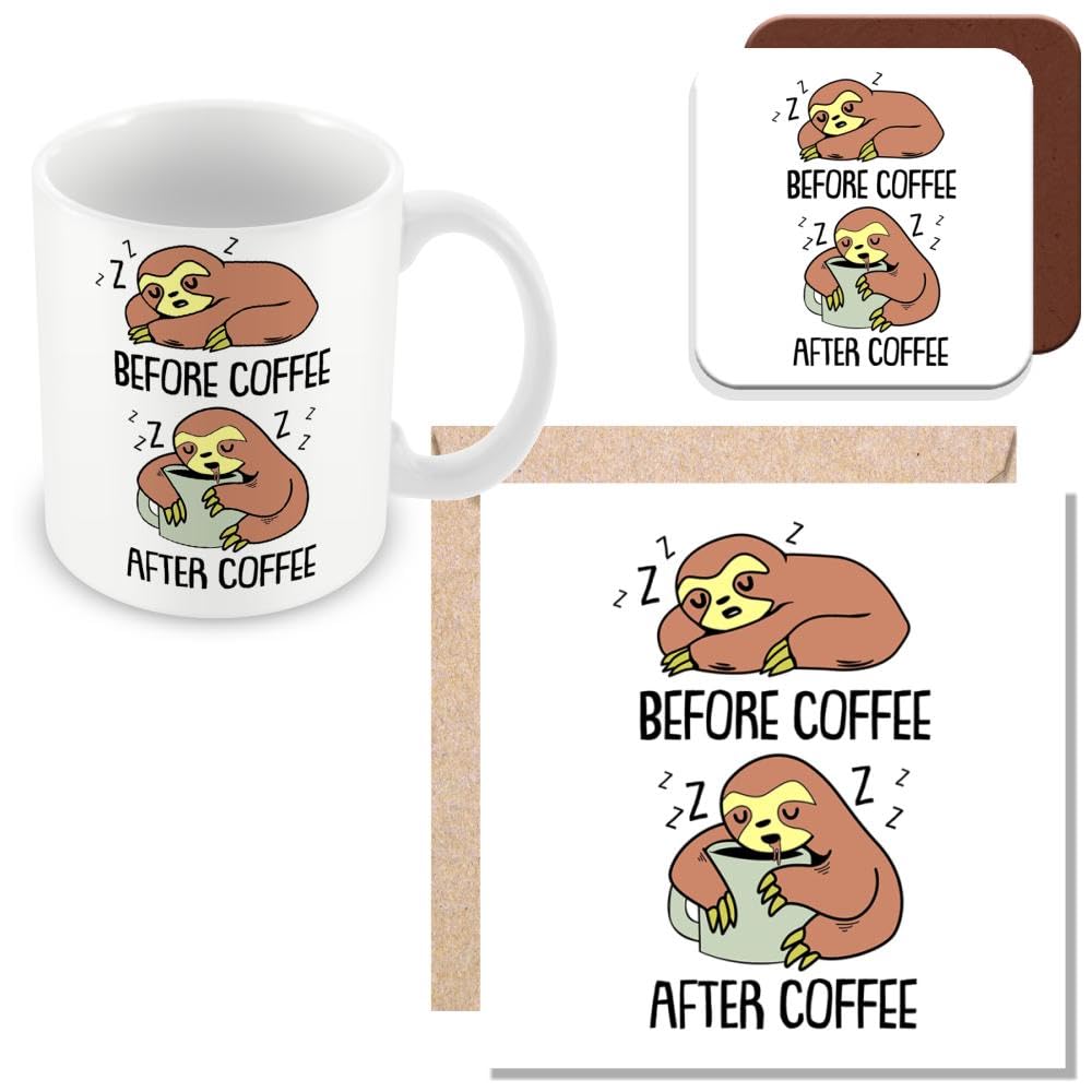 MUGGZ Sloth Gift Mug, Card & Coaster- Before Coffee After Coffee - Giftset - Made in The UK