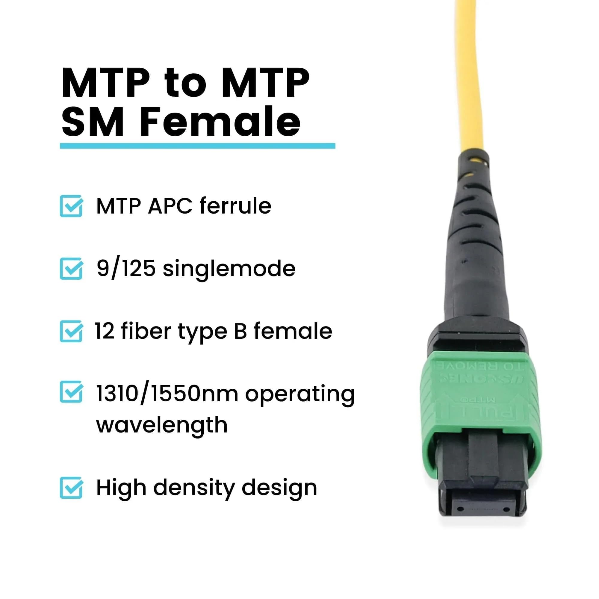 Conector hembra estándar MTP de 12 fibras a conjunto de cable personalizado de 9/125 µm, microdistribución OS2 monomodo, clasificación plenum amarilla(5m)