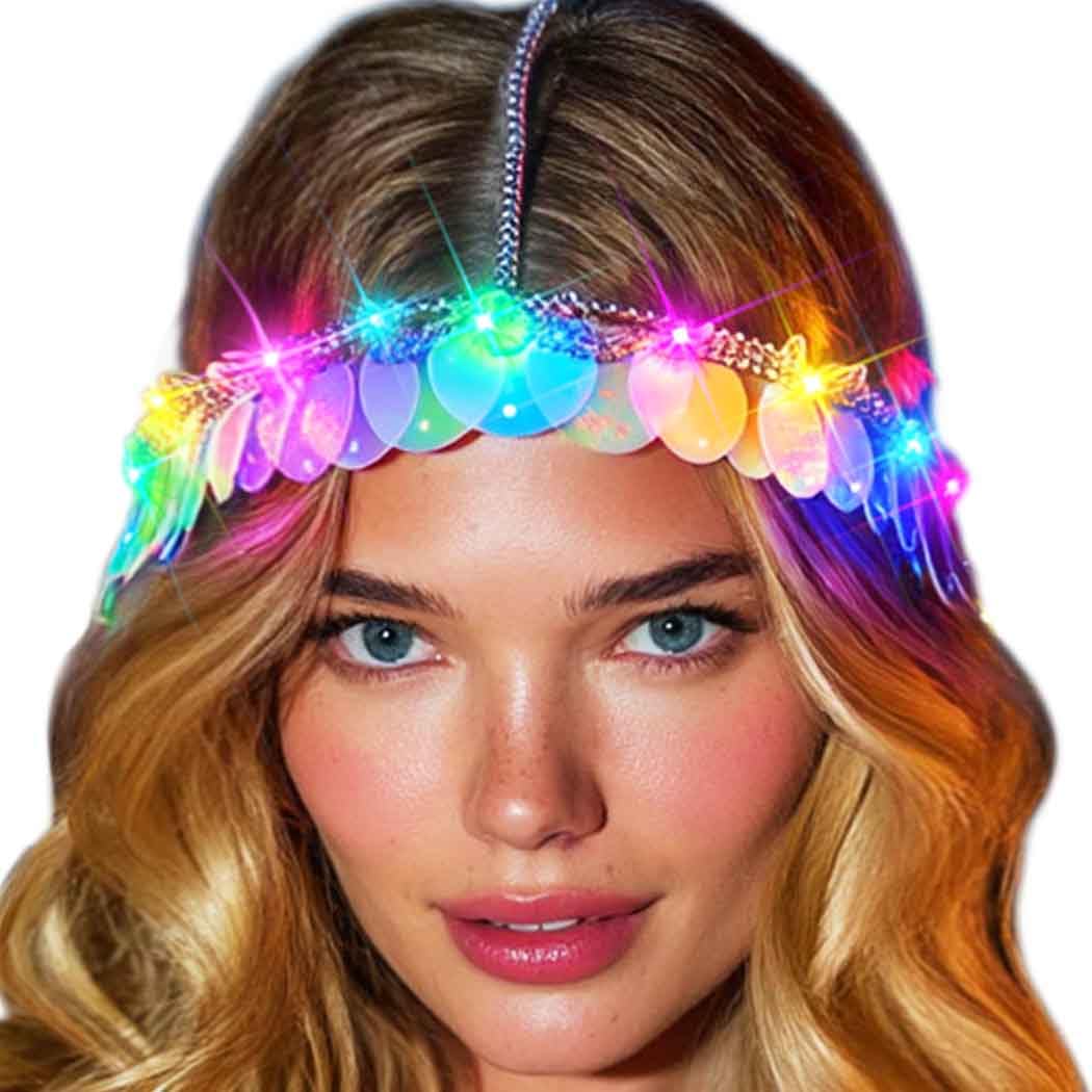 JAKAWIN Light Up Sequin Headband Slilver Costume Head Chain Rave Hair Accessories for Women
