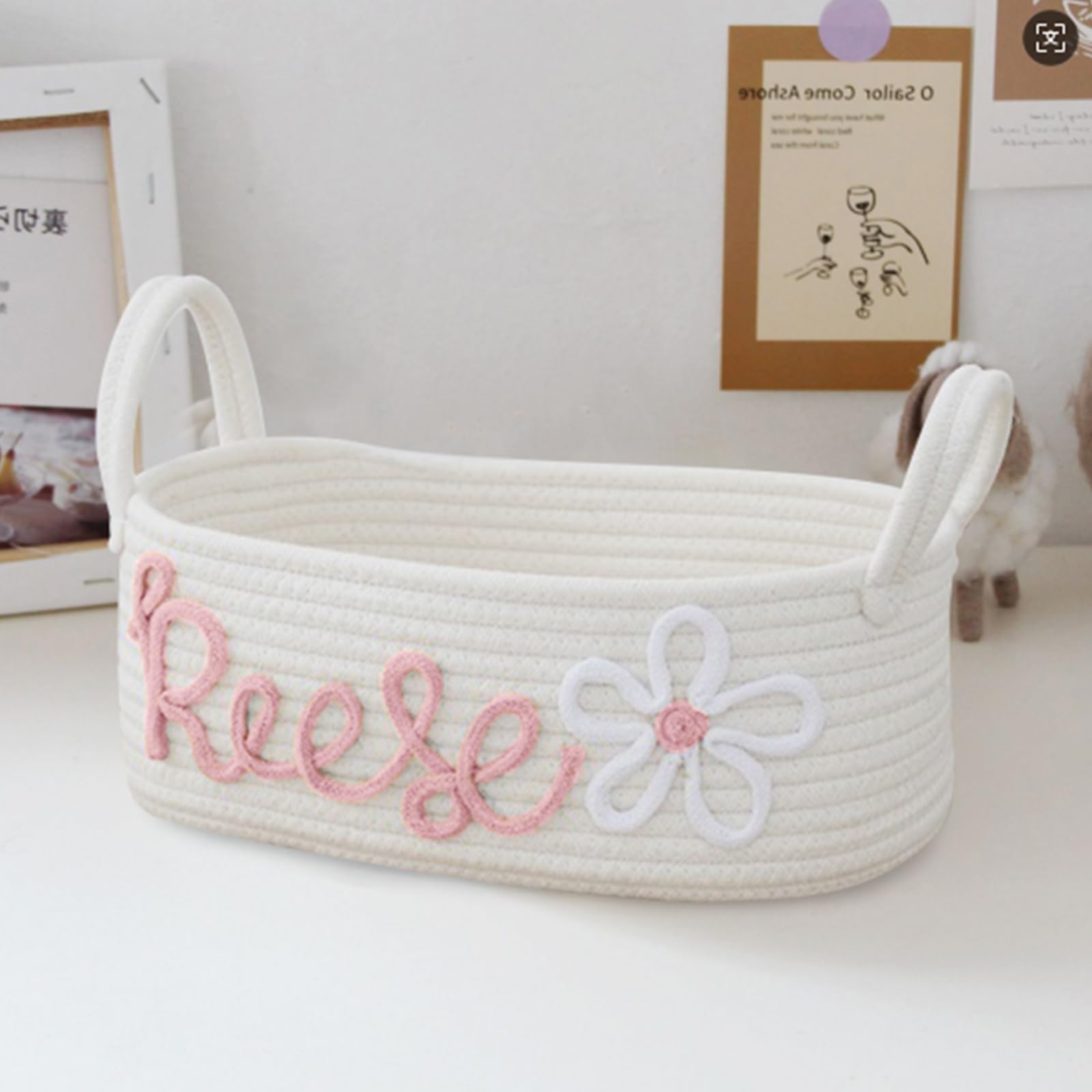 Panier de rangement pour vêtements bébé en tissu tressé avec nom