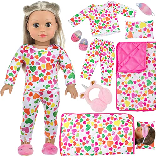 UNICORN ELEMENT 6 Pcs Colorful Heart Pattern 18 Inch Girl Doll Clothes and Accessories Long-Sleeved Pajamas and Sleeping Bags Set