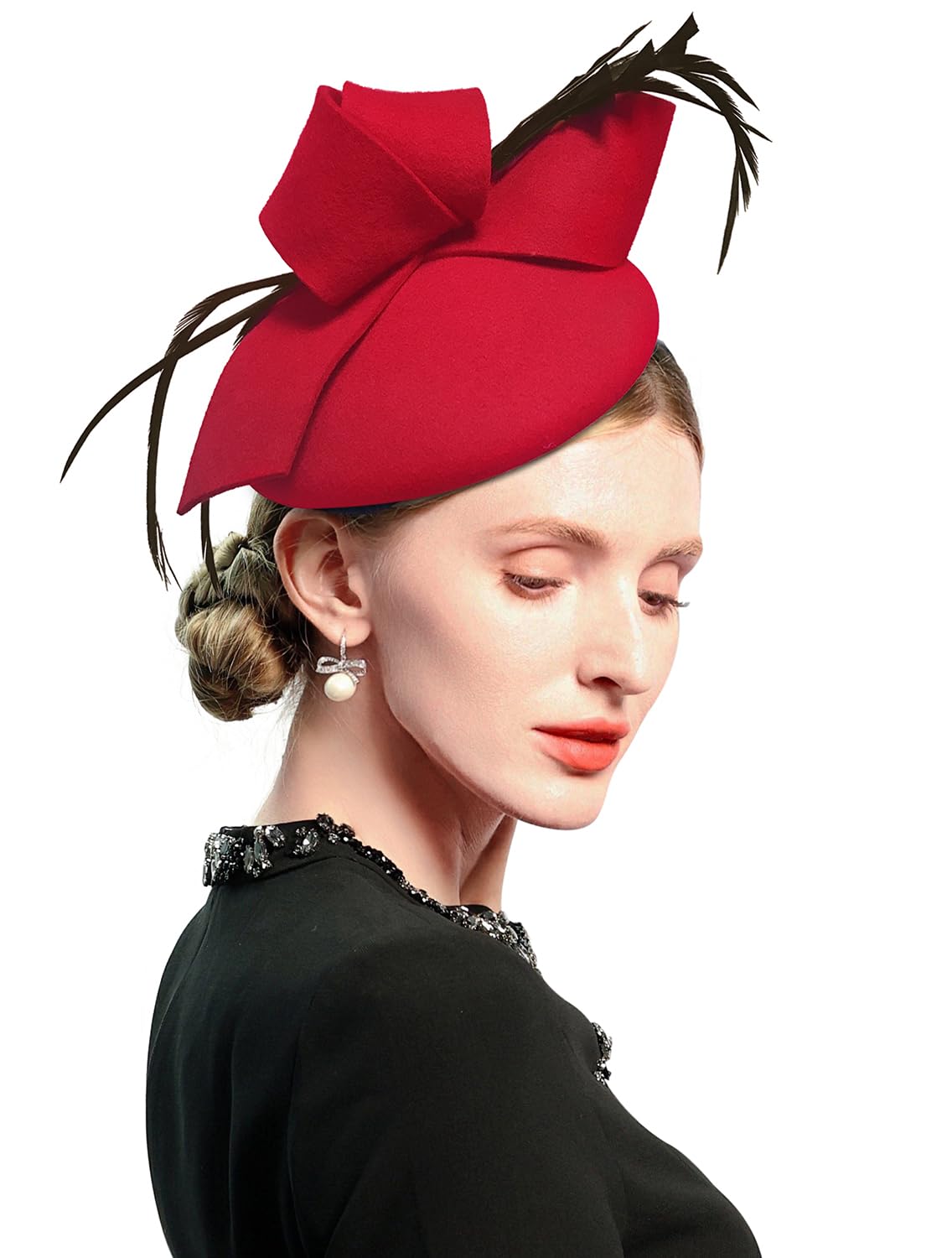 ELLYDOOR Wool Fascinator Pillbox Hat Winter British Wool Felt Hat for Women Wedding Church Hat Flower Fedoras, J-red, One Size