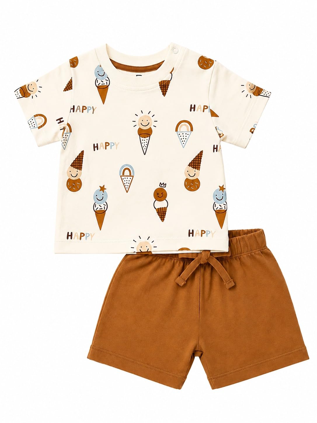 Baby Boys Interlock Co-ord Set, Off-White and Brown, Ice Cream Print Half Sleeve T-Shirt and Shorts-picture-11