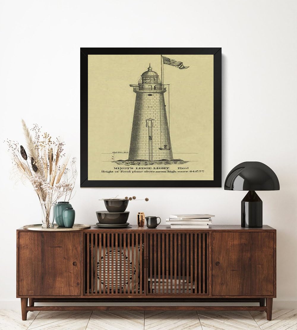 GADGETS WRAP Printed Photo Frame Matte Painting for Home Office Studio Living Room Decoration (17x17inch Black Framed) - Minot's Ledge Lighthouse