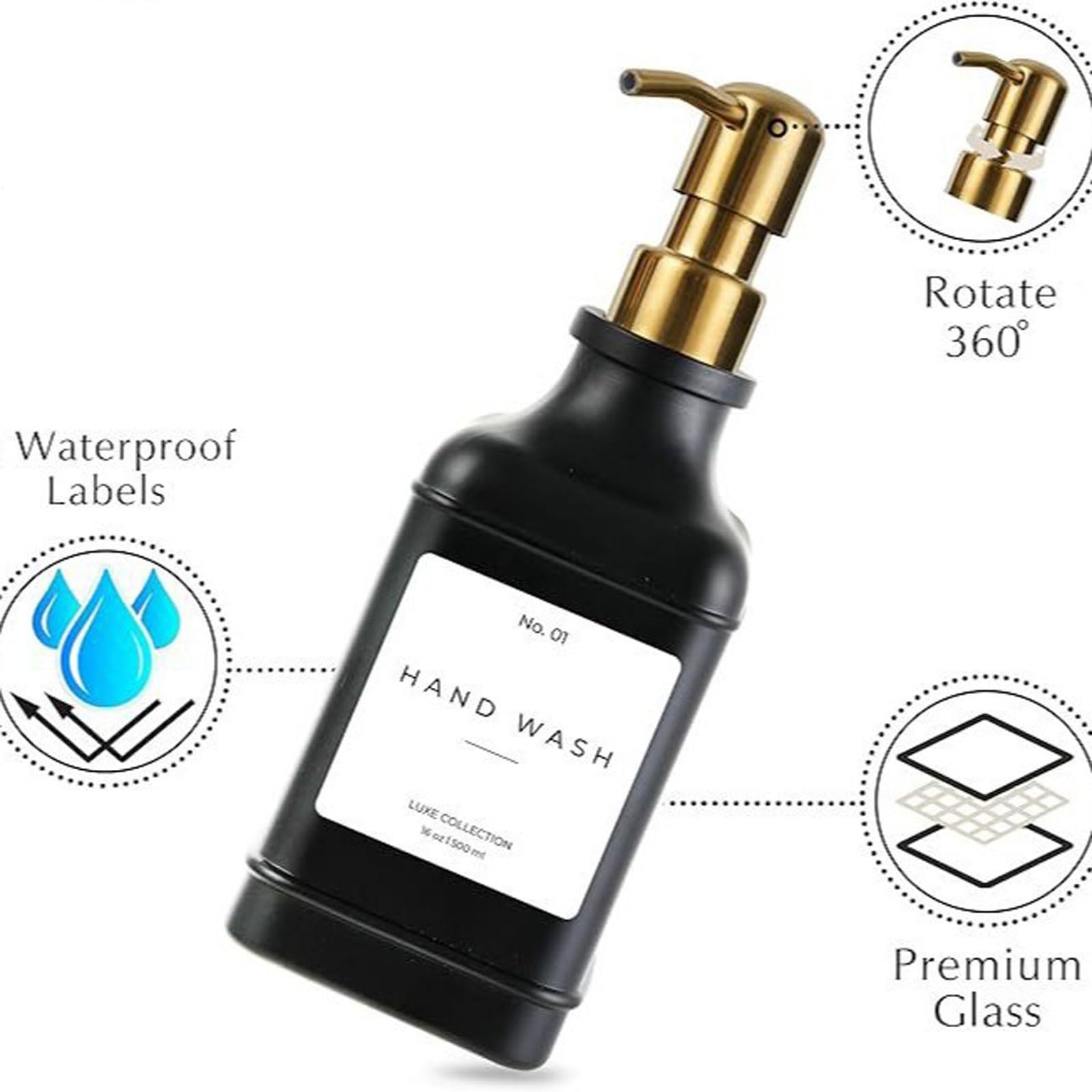 dispensador Dispensador de jabón de Vidrio de 500 ml, dosificador de jabón líquido lavavajillas, baño, loción y jabón de Manos (Paquete de 2) automatico(Black+Black A)
