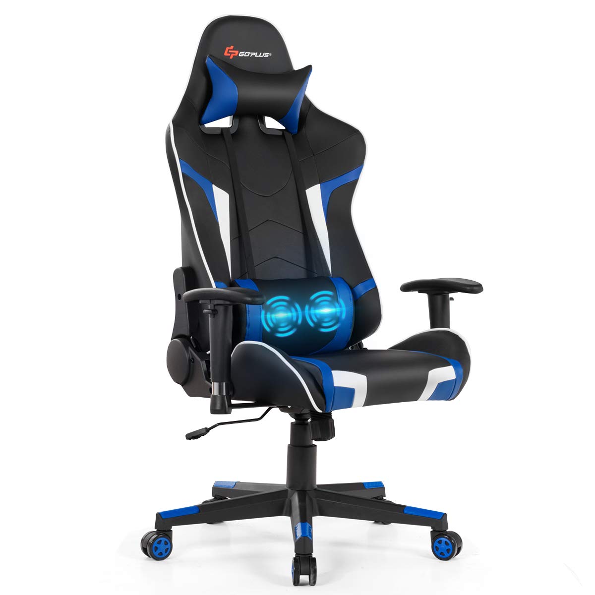 POWERSTONE Gaming Chair - Office Computer Gaming Racing Chair with Lumbar Massager Support PU Leather Adjustable Arms Headrest High-Back Recliner