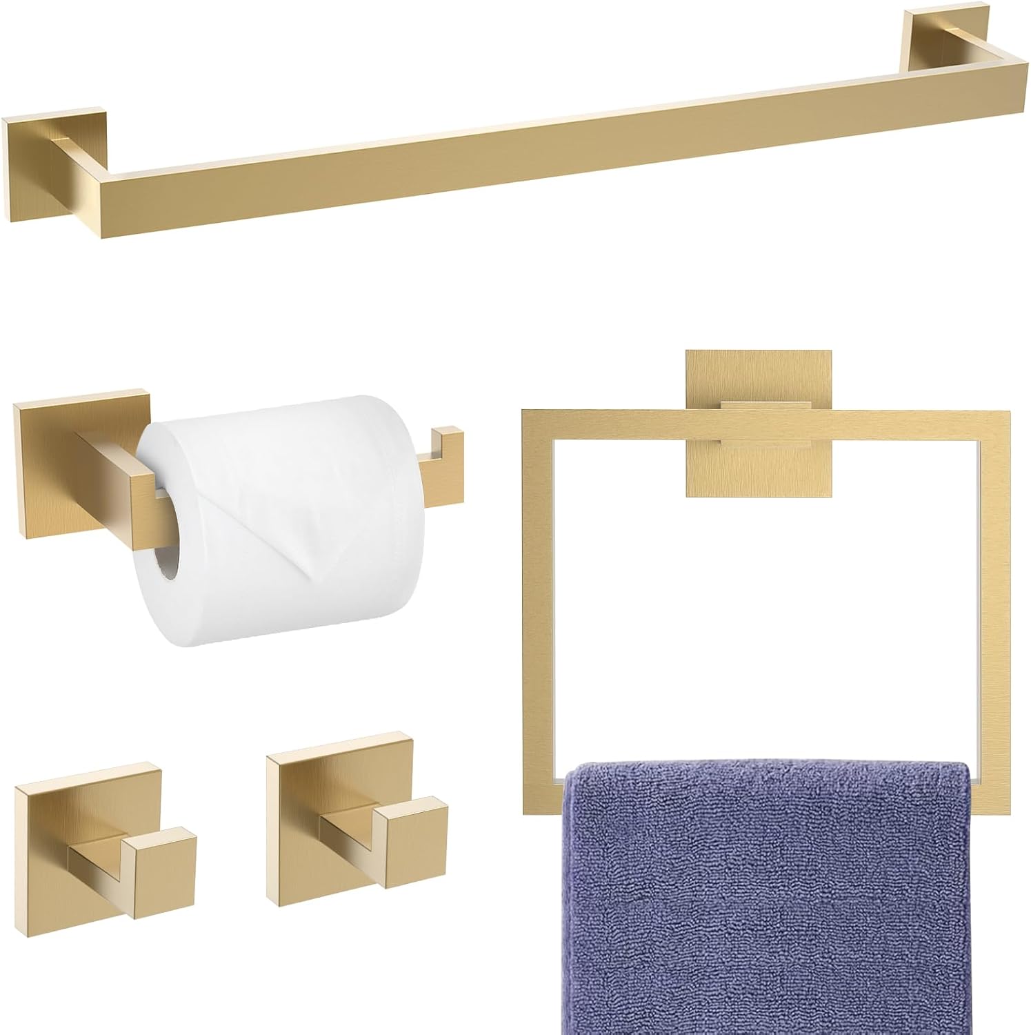 Brushed Gold Towel Bar Set, 23.6 Inch Bathroom Accessories Set, 5 Pieces SUS304 Stainless Steel Towel Racks Toilet Paper Holder Set for Bathroom Kitchen Wall Mounted Brushed Gold 5 Pieces