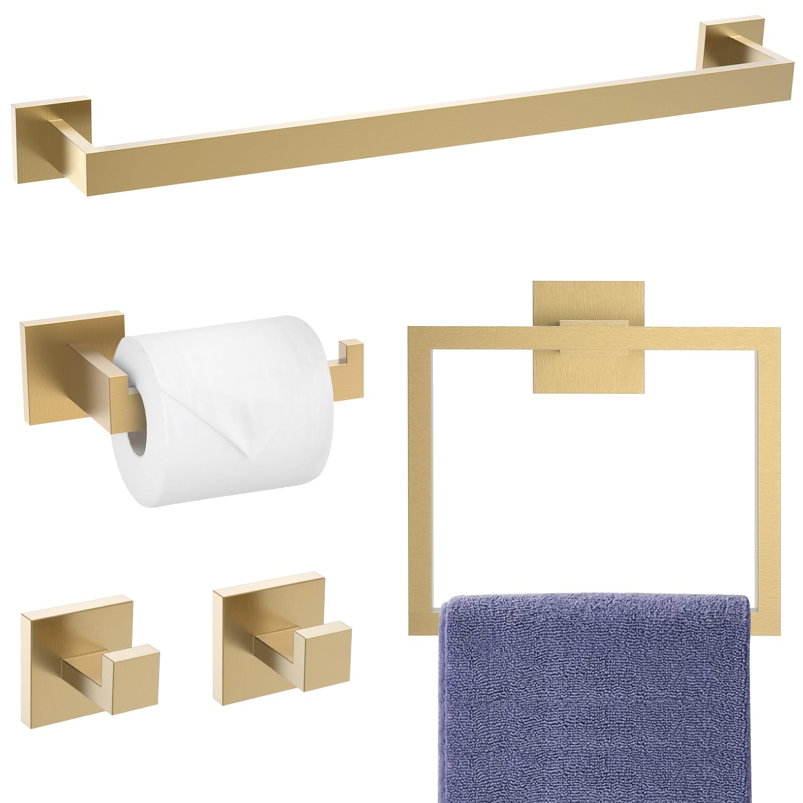LMYSXAOZ 5-Piece Brushed Gold Bathroom Hardware Set, SUS304 Stainless Steel Wall Mounted 23.6 Inch Hand Towel Bar Set