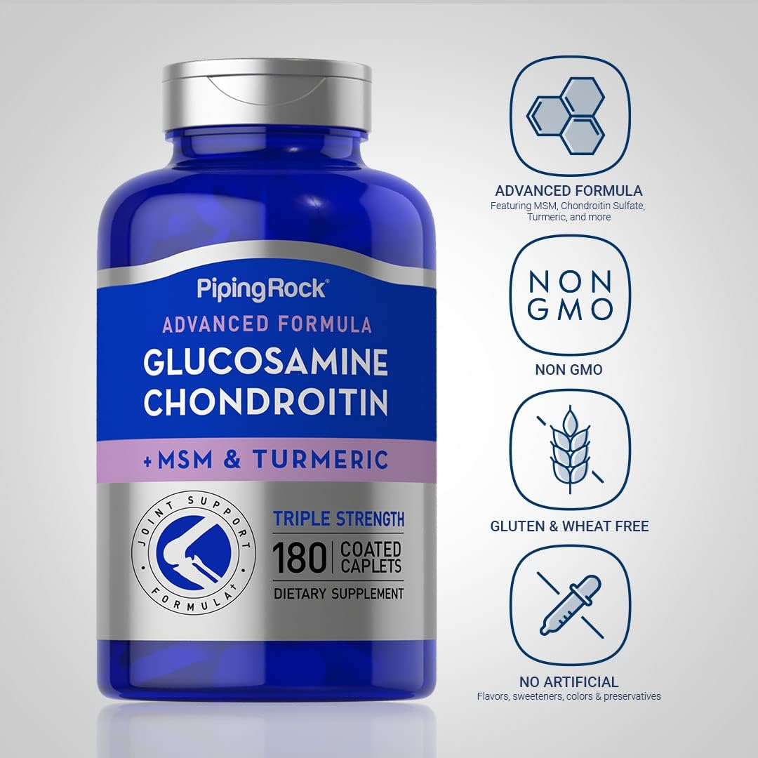Piping Rock Glucosamine Chondroitin with Turmeric & MSM | 180 Caplets | Triple Strength | Non-GMO, Gluten Free Supplement