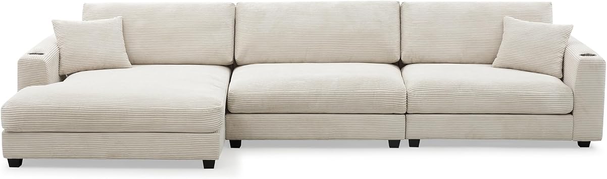 Oversized Corduroy Sectional Sofa L Shape Deep Seat Sofa Couch with Chaise,USB Charging,Cup Holder 5-Seaters Comfy Sofa for Living Room,Apartment Beige