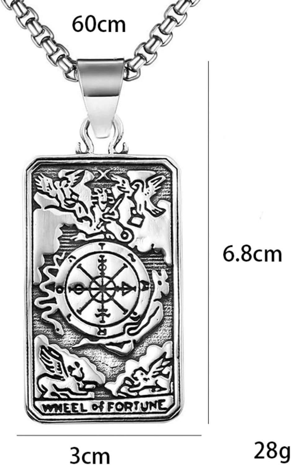 Unisex Stainless Steel Tarot Card Pendant Necklace for Men Women,Titanium Steel Tarot Card Wheel of Fortune Charm Jewelry Chain Necklace for Mens,24inch Chain - Image 3