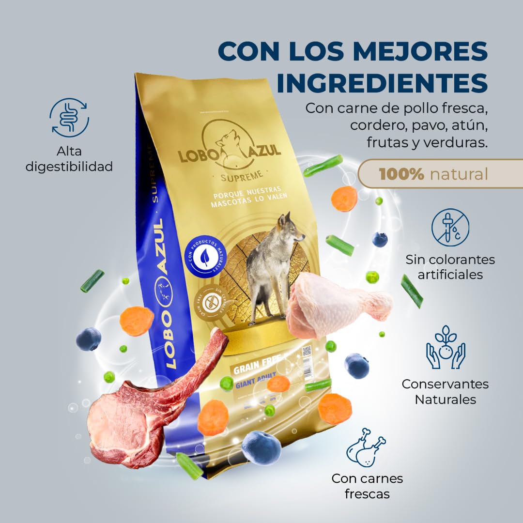 Pienso para Perros Grandes sin Cereales - Completo, Natural e Hipoalergénico para Razas Gigantes, Maxi - Grain Free con Pollo Fresco, Cordero, Pavo y Atún - 12kg - Lobo Azul Supreme Giant Adult