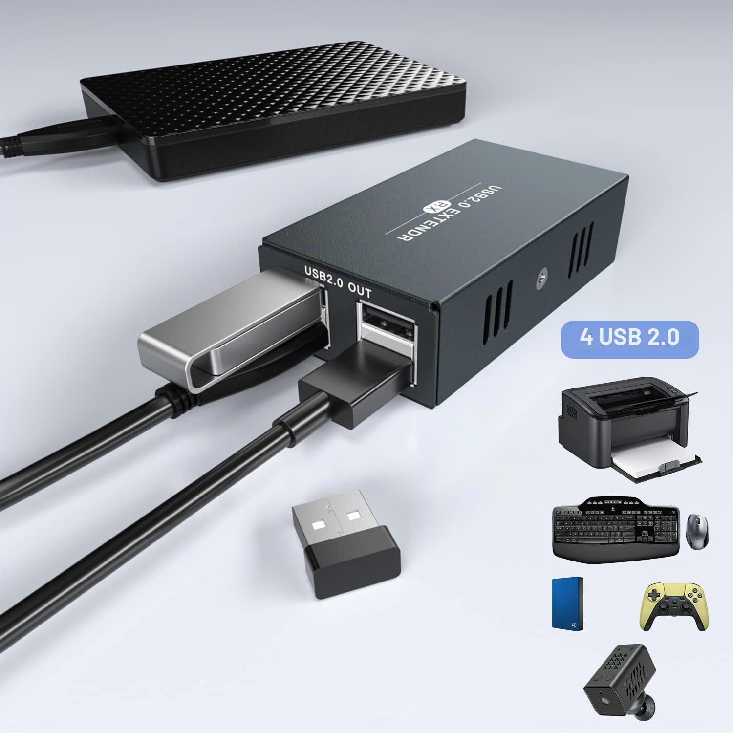 Extenseur USB 4 USB 2.0 sur Ethernet 50 m Cat5e/6/7 Hub USB sans pilote pour webcam, imprimante, clavier, souris, micro