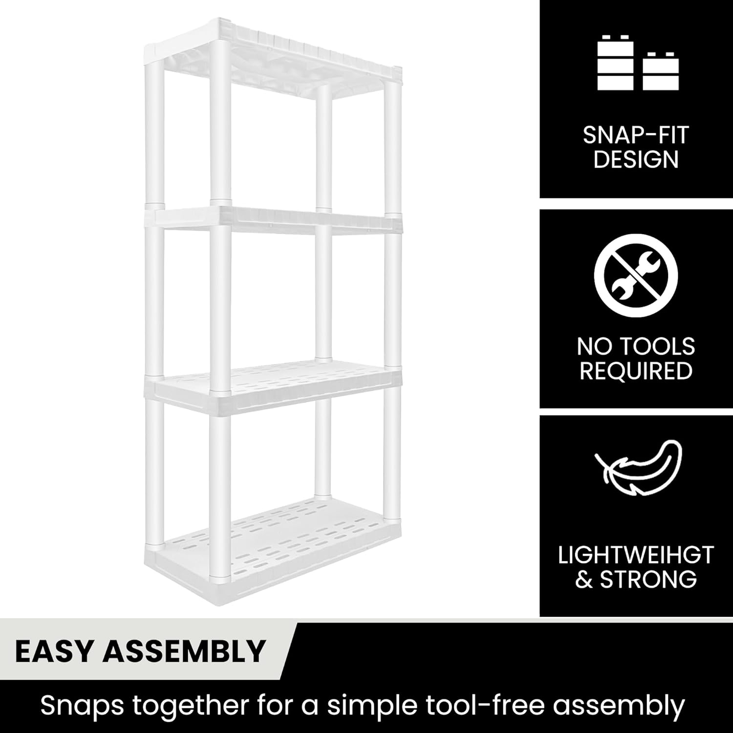 Oskar Heavy Duty Plastic Storage Shelves- for Garage, Kitchen, Bathroom Basement, Kids Room, Toys,Stackable 4-Tier White, Organizer Rack for Books Shoes, Pantry, Cleaning and Closet Organization