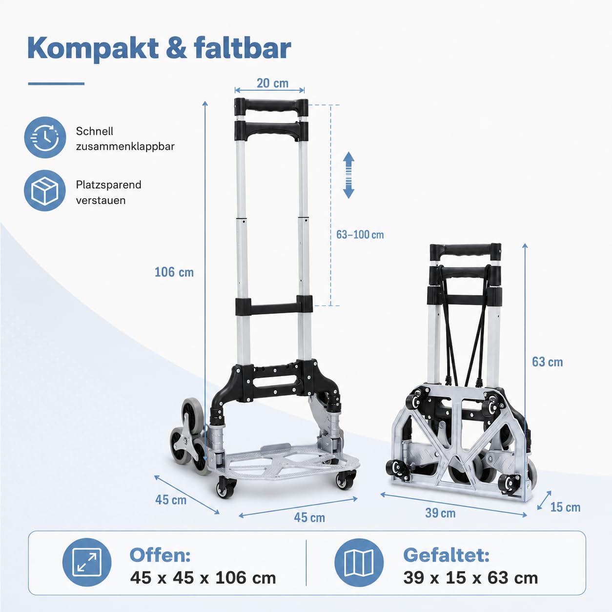 Aluminiowy wózek transportowy, składany, udźwig 35-70 kg, potrójna regulacja wysokości, 6 kół, wózek schodowy z antypoślizgową powierzchnią ładunkową